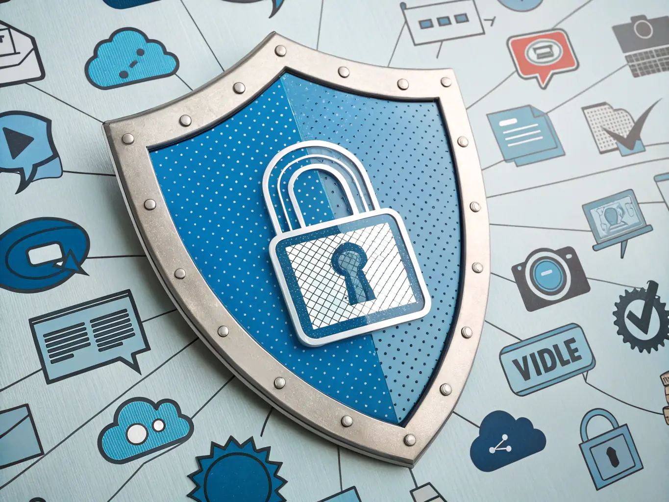 A graphic depicting a shield and lock, symbolizing cybersecurity protection and data privacy.