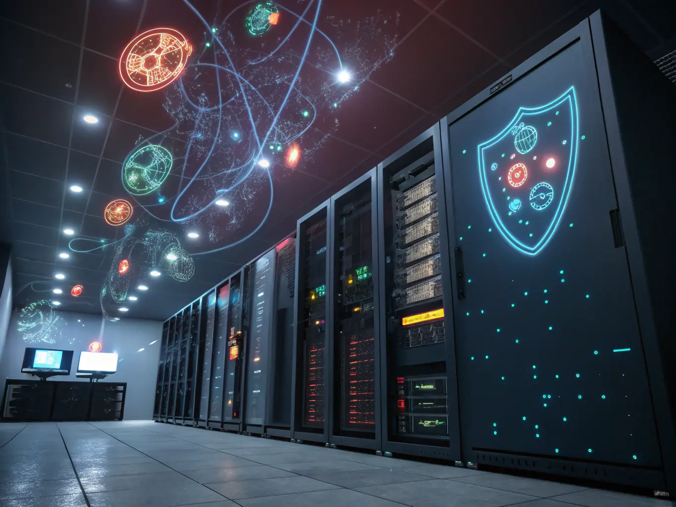 An image illustrating cybersecurity measures in action, such as firewalls and monitoring systems, emphasizing the importance of data protection.