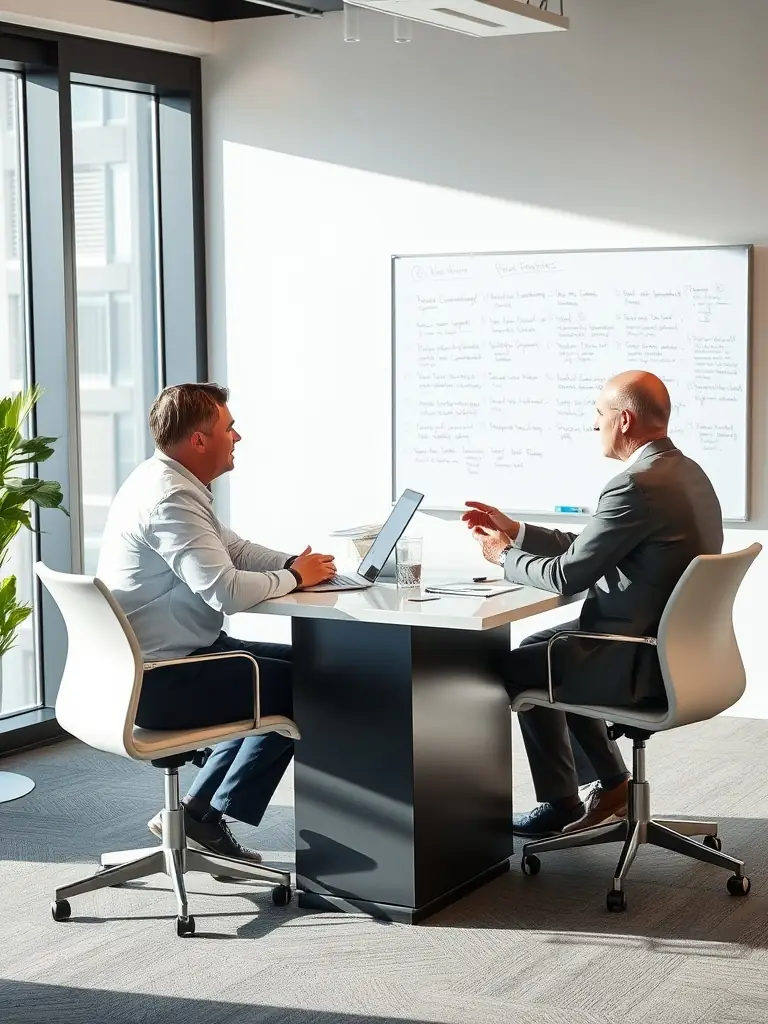 A professional photograph of a consultant working with a client in a modern office setting, discussing digital transformation strategies, with a focus on collaborative problem-solving.