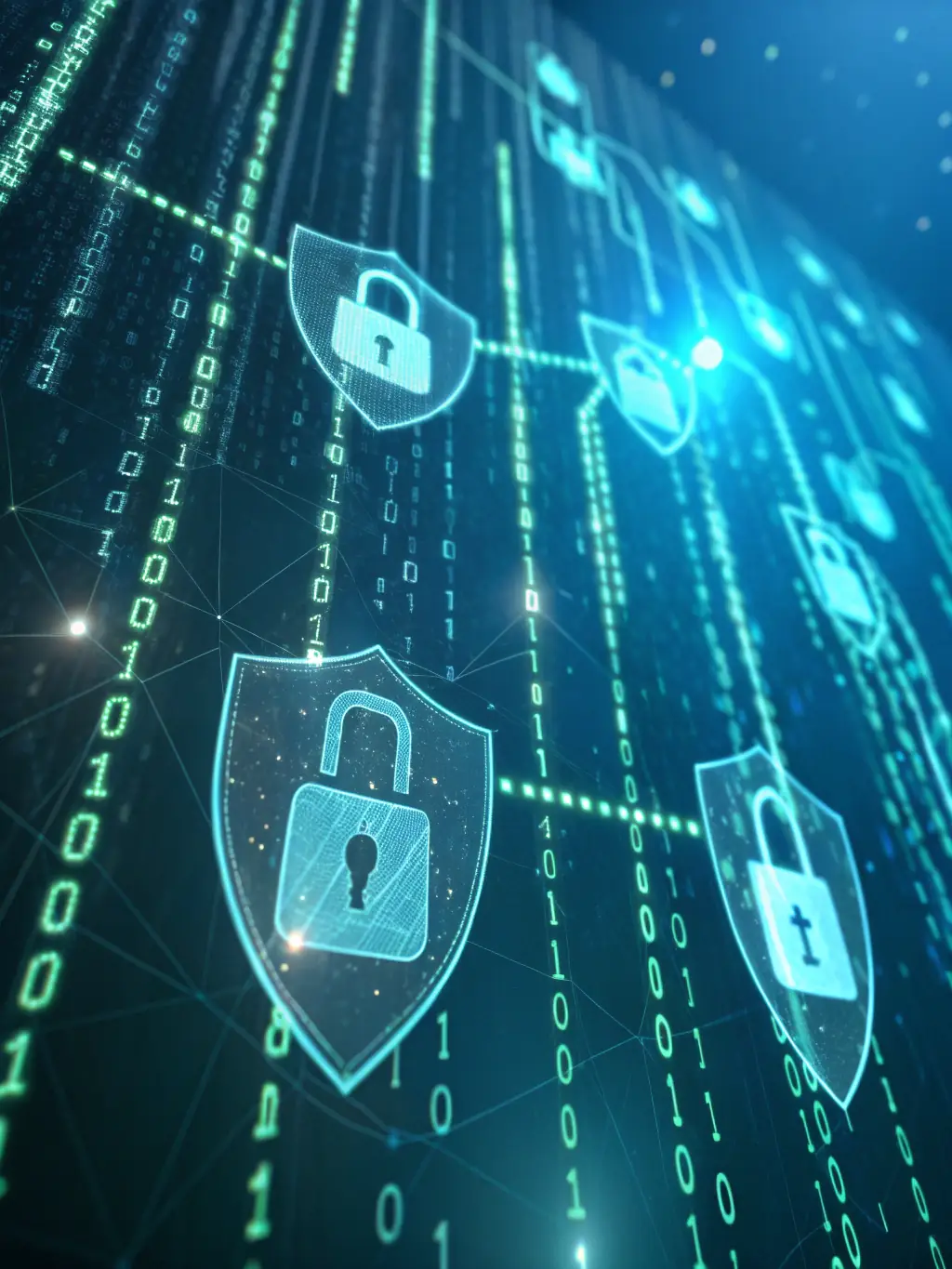 An abstract image representing cybersecurity, with interconnected nodes and protective shields, symbolizing data protection and threat prevention.