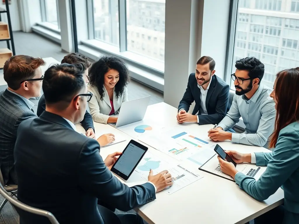 An image showcasing a team of consultants working with a client on digital transformation strategies, discussing future plans and innovative solutions in a modern office setting.