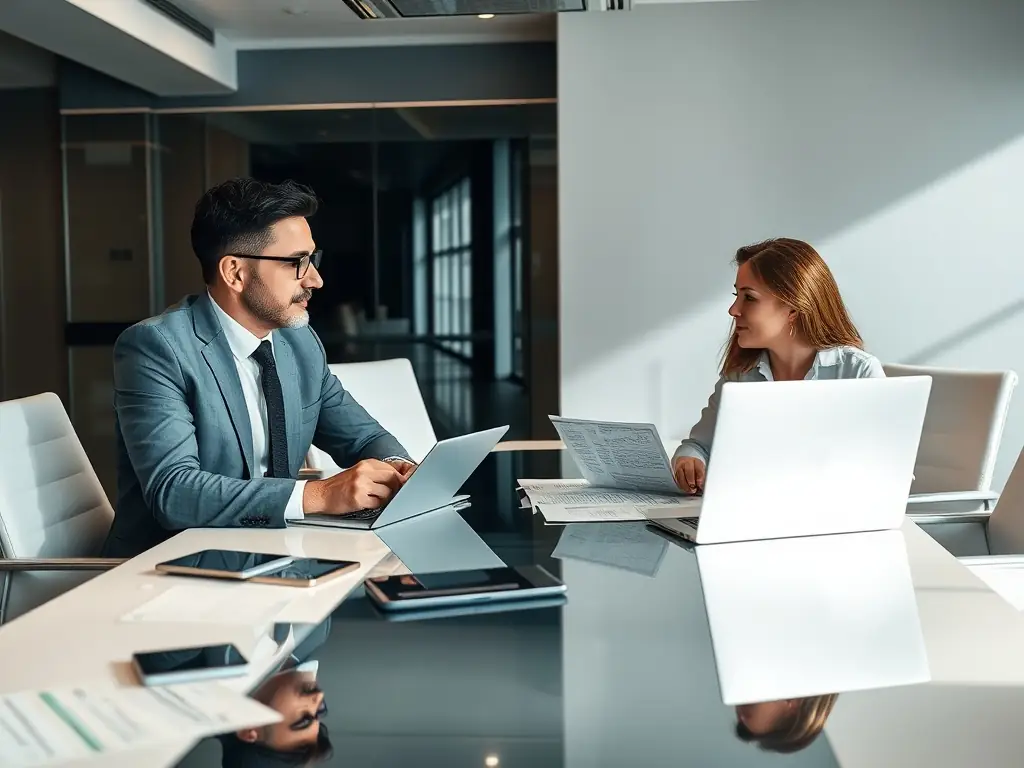 A consultant reviewing a digital transformation roadmap with a client in a modern office setting, emphasizing collaboration and strategic planning.