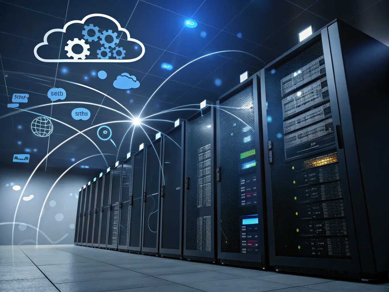 An image depicting cloud infrastructure and a team discussing cloud strategies, highlighting the scalability and flexibility of cloud solutions.