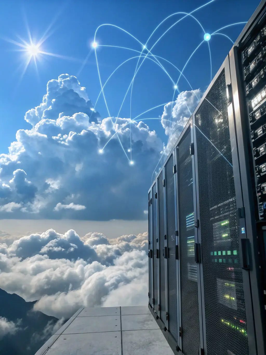 A visually appealing graphic representing cloud infrastructure, showcasing data flow and connectivity, emphasizing security and scalability.